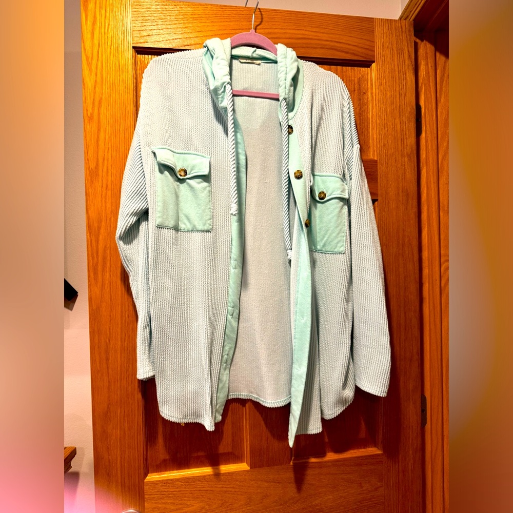 Hooded Teal button down jacket